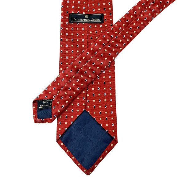 Ermenegildo Zegna Red Silk Tie With Navy Oval & Yellow Square Pattern Geometric - Picture 3 of 4